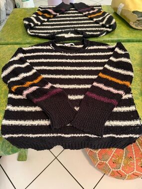 Michael Stars Black and Cream Striped Crewneck Sweater with Color Accent Stripes